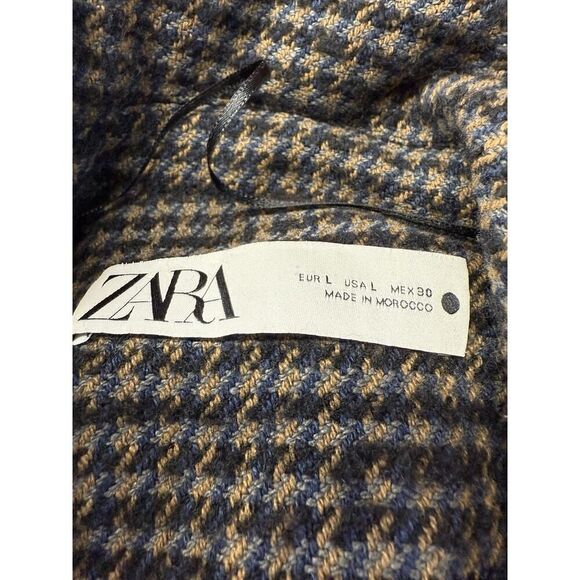 ZARA Houndstooth Wool Blend Long Coat Size L Brown Navy Double Breasted - Picture 11 of 14